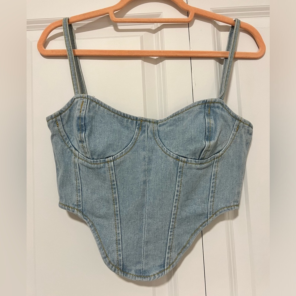 Denim corset top with zip up back closure light wash